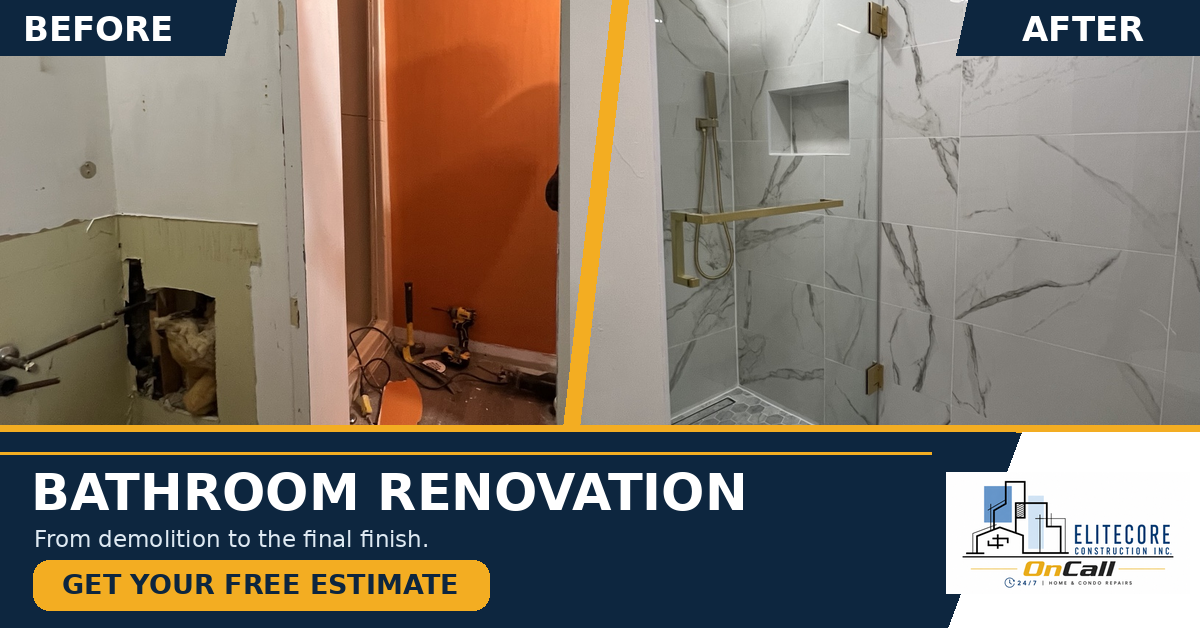 Bathroom renovation before and after: original demolition photo and completed tiled shower