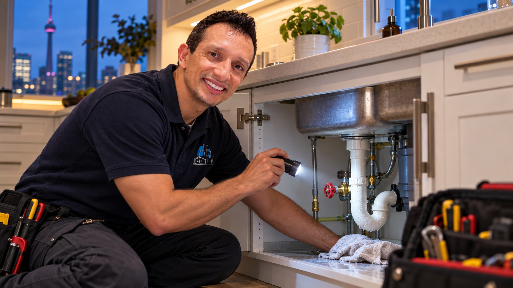 Illustrative scene of Julian inspecting an emergency home leak