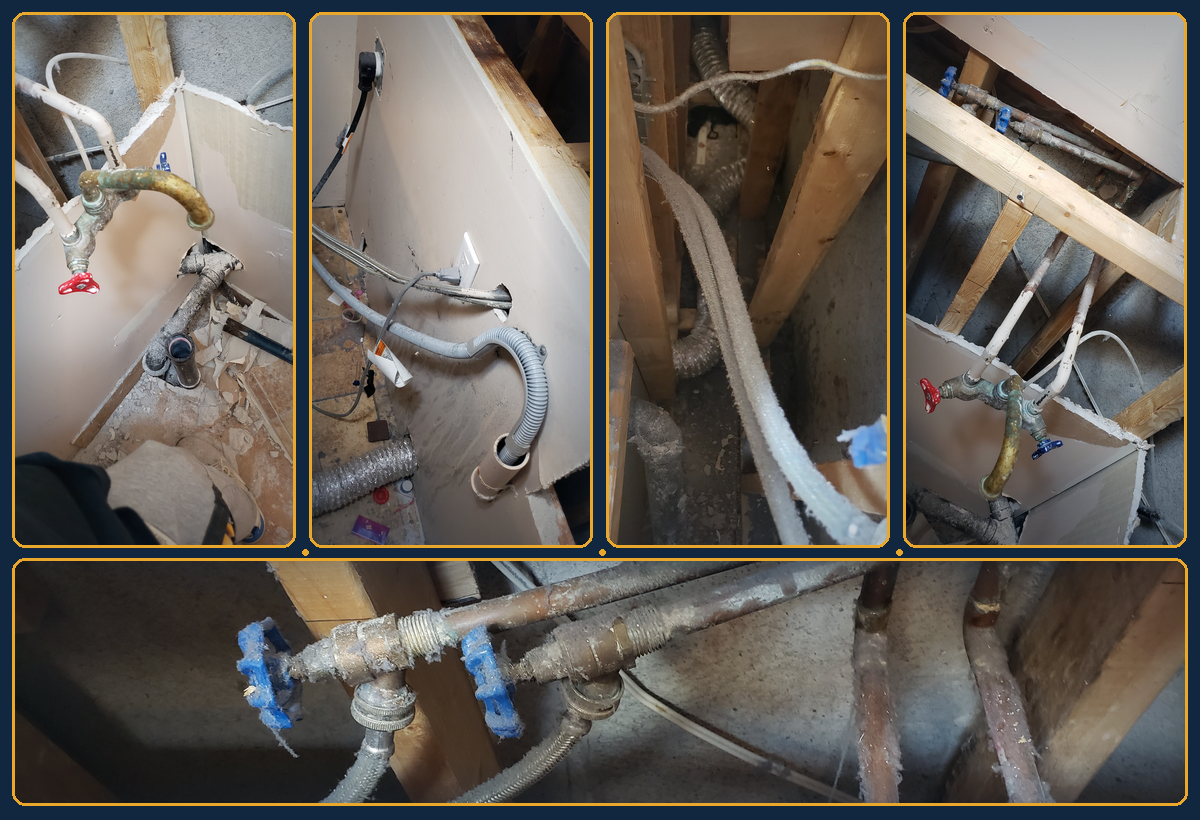 Five original photos showing an exposed laundry plumbing connection and repair work from several angles