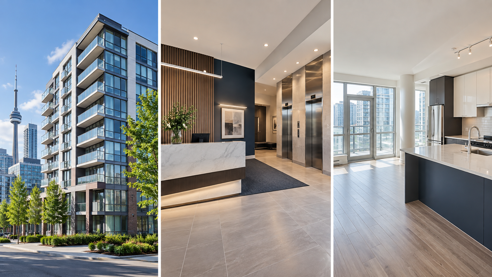 Illustrative Toronto condominium exterior, lobby and apartment