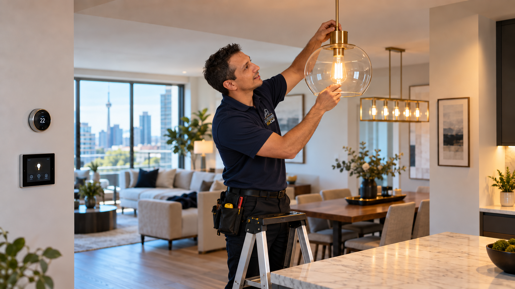 Illustrative scene of Julian installing a ceiling light in a smart home