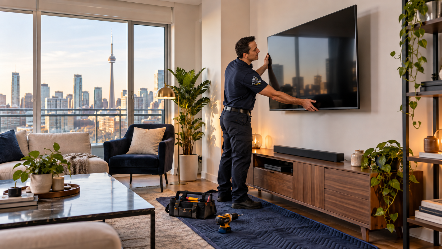 Illustrative scene of Julian mounting a television in a living room